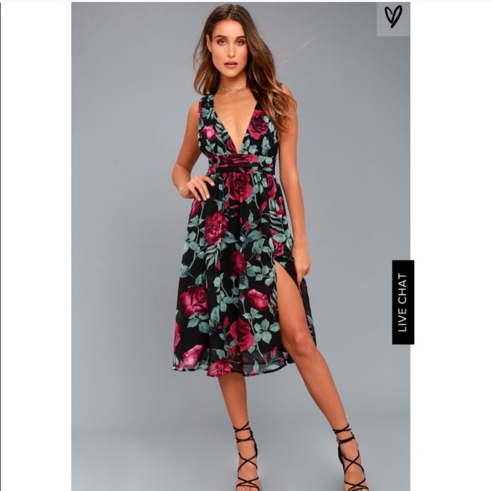 Lulu’s Floral Midi Dress Plunge Neckline